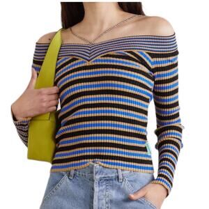 Andersson Bell Blue Striped Lightweight Ribbed Knit Off Shoulder Nina Sweater